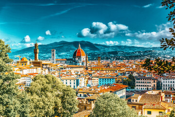 Above view Santa Maria del Fiore (Cattedrale di Santa Maria del Fiore) in Florence, most famous of...