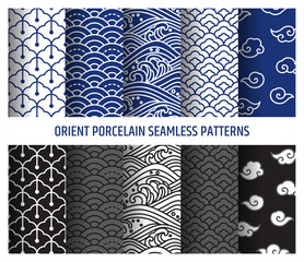 Oriental porcelain seamless line art patterns vector illustration. Asian wave and cloud background.