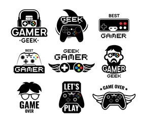 Video game logo set. Emblems with gamer, vintage and modern joystick console controller, headset. Isolated vector illustration for online game label template © SurfupVector