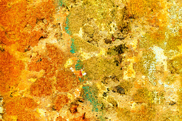 Abstract creative background of chaotic strokes of old cracked paint on concrete wall. Old surface with traces of paint, weathered, scratches and cracks for design