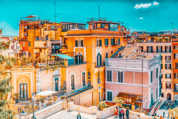 Fototapeta na wymiar ROME, ITALY-MAY 08, 2017: Beautiful landscape urban and historical view of the Rome, street, people, tourists on it, urban life of the Eternal City above from Spanish Steps.Italy.