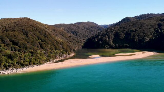 Small sandy beach across Sandfly Bay aerial fly backward shot. Reveal of jungle forrest hills in paradise of New Zealand.