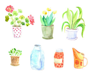 Watercolor set of flowers in a pot, home plants, geraniums, spatifillum. Suitable for the design of postcards, packaging and textiles