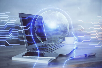 Multi exposure of work table with computer and brain hologram. Brainstorm concept.