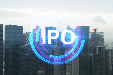 IPO icon hologram over panorama city view of Singapore, the hub of initial public offering in Asia....