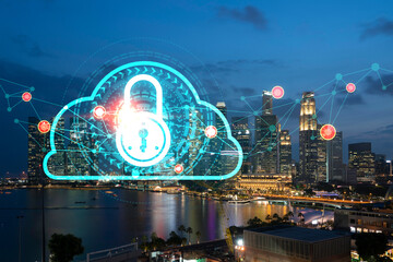 Fototapeta na wymiar Glowing Padlock hologram, night panoramic city view of Singapore, Asia. The concept of cyber security to protect companies. Double exposure.
