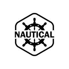 Logotipo con palabra Nautical. Icono plano timón en hexágono lineal en color negro