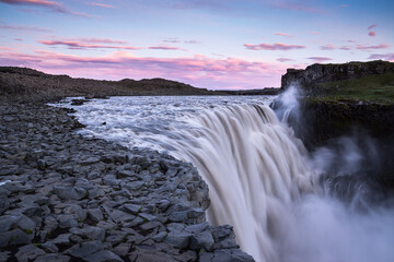 Dettifoss Waterfall with Pink Clouds, north Iceland