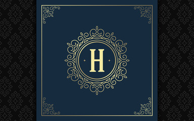 Vintage monogram logo elegant flourishes line art graceful ornaments victorian style vector template design