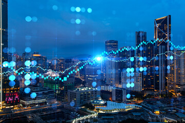 Obraz na płótnie Canvas FOREX graph hologram, aerial night panoramic cityscape of Kuala Lumpur. KL is the developed location for stock market researchers in Malaysia, Asia. The concept of fundamental analysis.