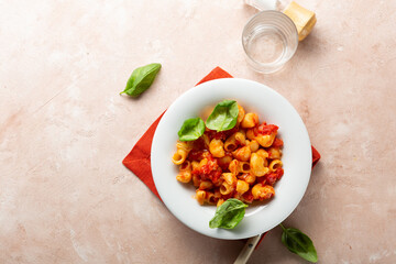 Vegan pasta with tomato sauce top view