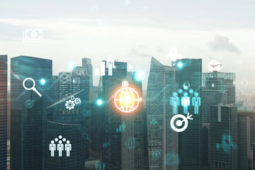 Research and development hologram over panorama city view of Singapore, hub of new technologies to...