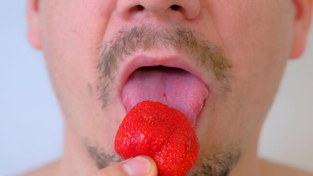 Bearded man with moustache is eating red strawberry on white background, mouth closeup. Natural vitamins from fresh juicy strawberry. He licks a berry his tongue before eating it.