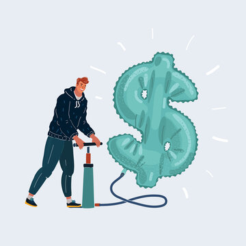 Vector illustration of business man pumping air in money balloon with happiness, business situation concept about making money growing