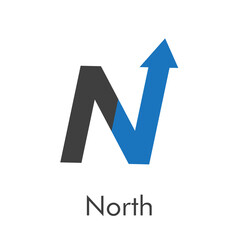 Símbolo del norte. Logotipo letra inicial N lineal con flecha en gris y azul