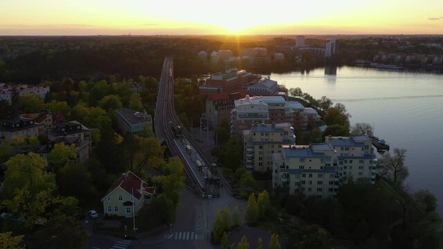Aerial footage of the Stockholm island Stora Essingen and its tramway "Tvarbanan