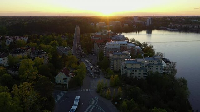 Aerial footage of the Stockholm island Stora Essingen and its tramway "Tvarbanan