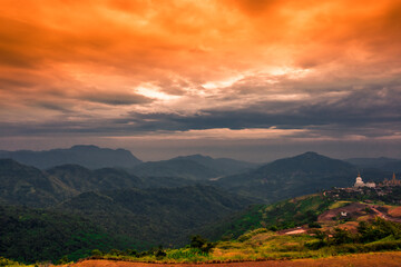 Fototapeta premium Natural background, high angle from the high mountains that can see the scenery around, the wind blows through the cool, blurred of traveling, the integrity of the moist forest.