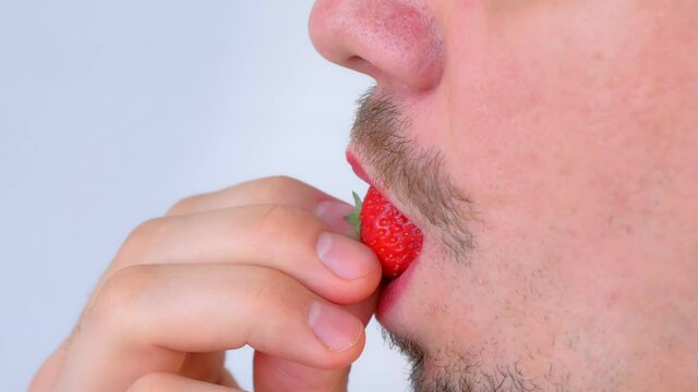 Bearded man with moustache and lipstick on lips is eating red strawberry on white background, mouth closeup, side view. Vitamins from fresh strawberry. He licks a berry his tongue before eating it.