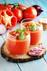 Cold Spanish soup Gazpacho served in glasses