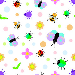 seamless background with insects and flowers for children's design