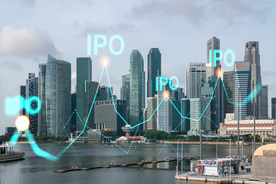 IPO icon hologram over panorama city view of Singapore, the hub of initial public offering in Asia. The concept of exceeding business opportunities. Double exposure.