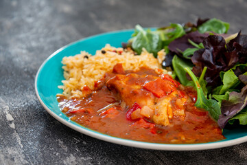 Basque Braised Chicken With Peppers and rice