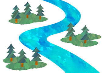 ベクター　綺麗な川と針葉樹のイラスト