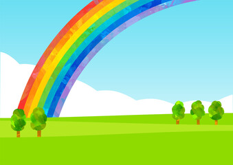 ベクター　大きな虹のある風景のイラスト