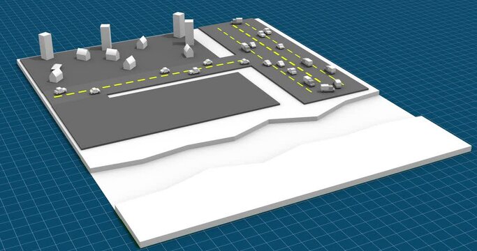 Presentation isometric of city plan and water use and wastewater treatment.