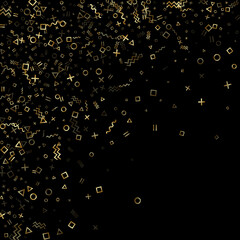 Memphis style geometric confetti vector background of triangle circle square shapes, chevron wavy lines.