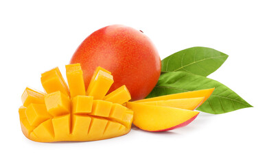 Fototapeta na wymiar Whole and cut ripe mangoes isolated on white. Exotic fruit