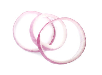 Raw red onion rings isolated on white, top view