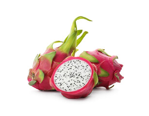 Delicious cut and whole dragon fruits (pitahaya) on white background