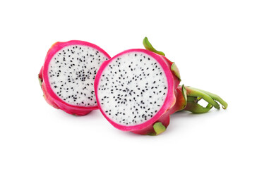 Halves of delicious ripe dragon fruit (pitahaya) on white background