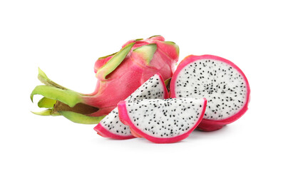 Delicious cut and whole dragon fruits (pitahaya) on white background