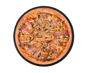 Italian whole pizza with chicken breast, corn, bacon and mushrooms, on a round slate plate, isolated on white background, top view