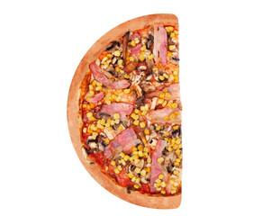 A half of delicious pizza with chicken breast, corn, bacon and mushrooms, isolated on white background, top view