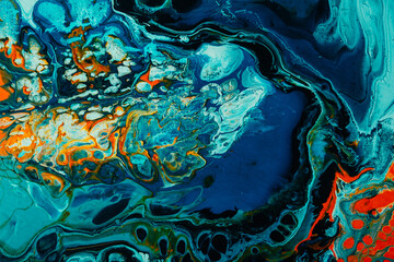 Acrylic ink water. Marble texture. Blue yellow bubble fluid blend with streak vein sparkles grain...