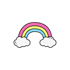 Rainbow vector illustration icon. Doodle hand drawn outlined cartoon rainbow arch in pink, yellow and blue colors. Isolated.