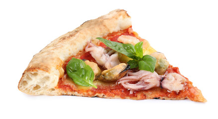 Slice of delicious seafood pizza isolated on white