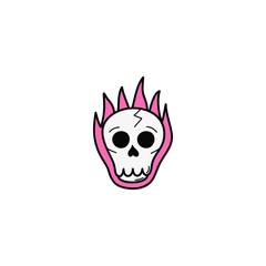 Skull in flames vector illustration icon. Doodle hand drawn outlined cartoon skull on pink fire. Isolated.