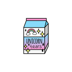 Unicorn tears drink vector illustration icon. Doodle hand drawn cartoon outlined milk carton in pink, yellow, violet and blue colors. Isolated.