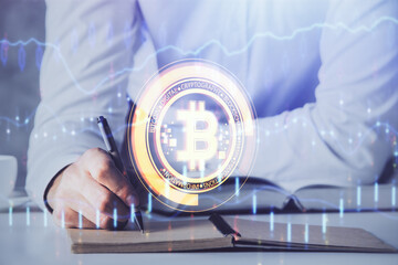 Businessman with hands background. Crypto currency concept.