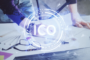 Businessman with hands background. Crypto currency concept.