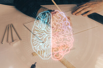 Brain multi exposure icon with man hands background.