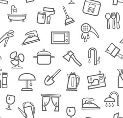 Household goods and appliances, seamless pattern, white. Grey icons on a white field. Thin outline. Vector.  