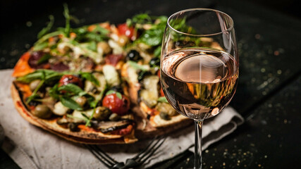 Glass of rose wine on background vegetarian pizza with mushrooms, eggplants, tomatoes, capers and fresh herbs. Food banner format