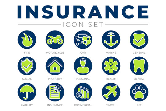 Round Insurance Icon Set With Car, Property, Fire, Life, Pet, Travel, Dental, Commercial, Health, Marine, Liability Web Icons