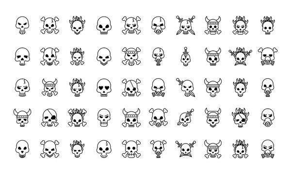 fifty death skulls heads set collection icons